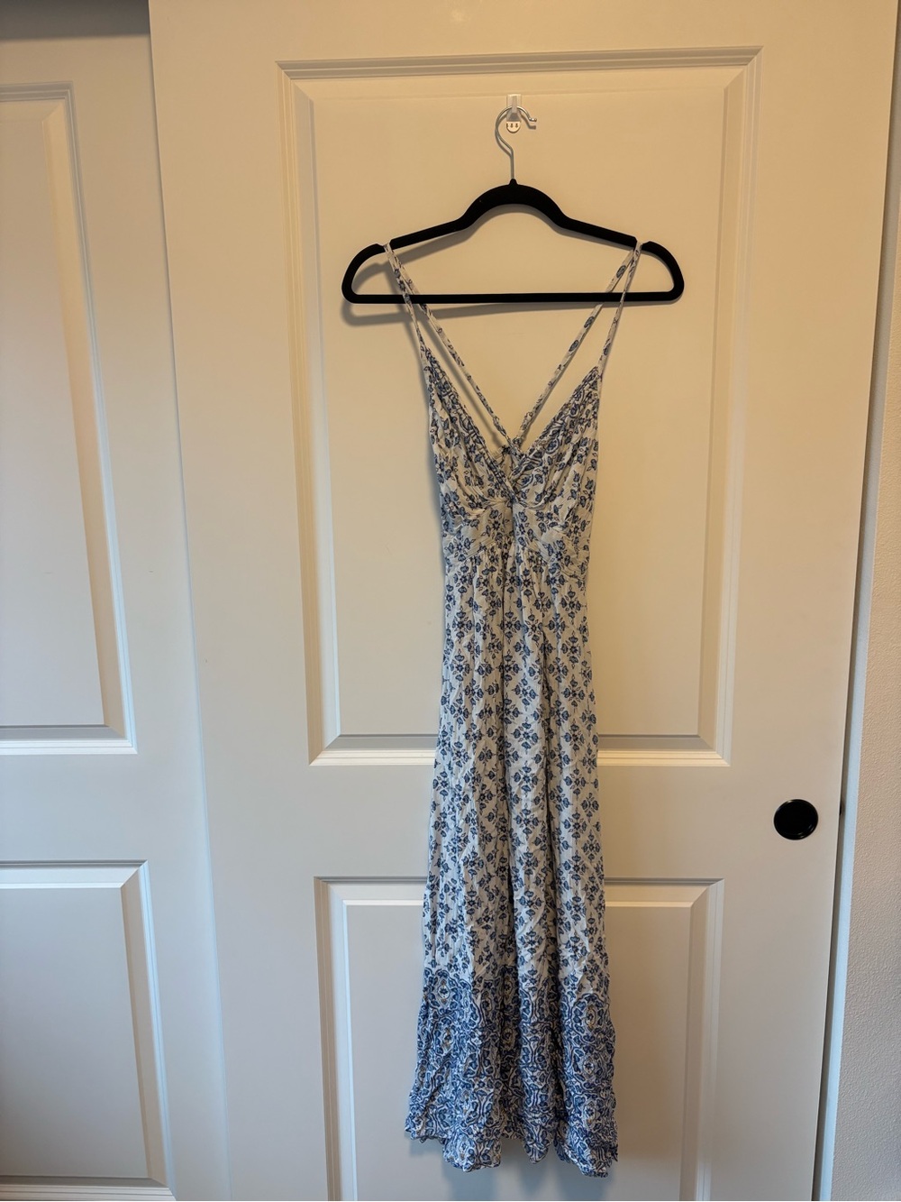 Angie White and Blue Floral Twist-Front Midi Dress